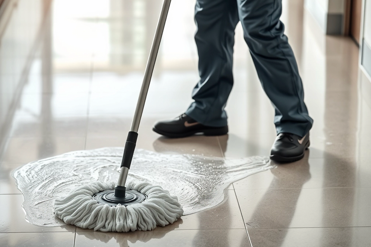 Person cleaning a floor with a mop in a well-lit room